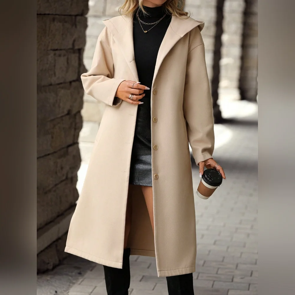 Button Up Long Sleeve Hooded Coat - Picture 1 of 7